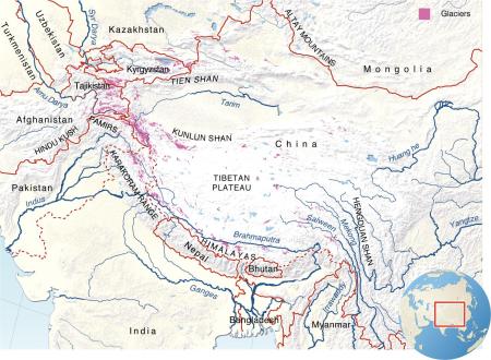 map of himalayas. The Himalayas are melting.
